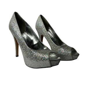 Worthington Silver Glitter Peep-Toe Heels Size 8 Sparkly 5” Heel